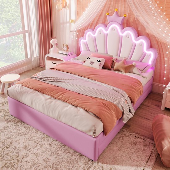 MODFU Ledikant 140x200 cm – roze PU – prinsessenbed met kroon, verstelbaar hoofdeinde en 2 laden
