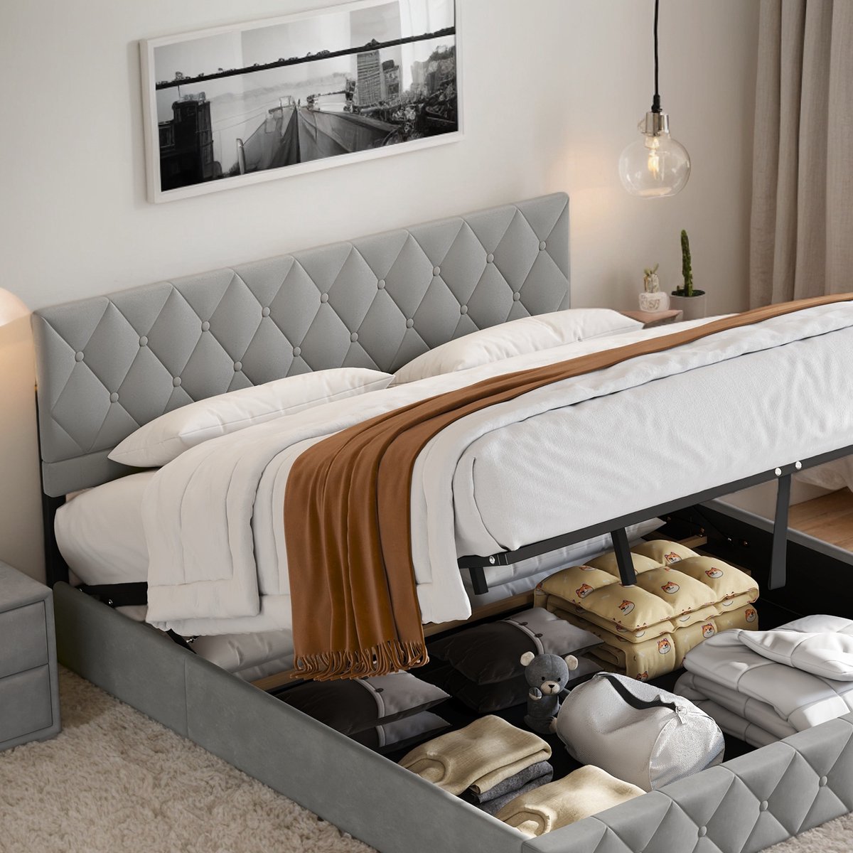 REDOM Bedframe 90x190 cm – Opbergruimte onder bed – Hollands fluweel – Bloemvormig hoofdbord – Lichtgrijs