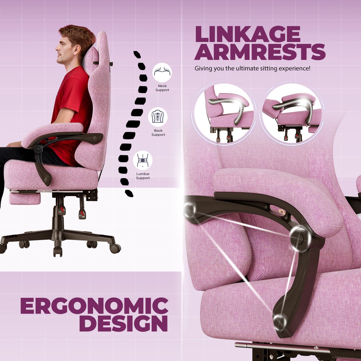 GTPLAYER Gamingstoel Roze met 160° Verstelbare Rug - afbeelding 2