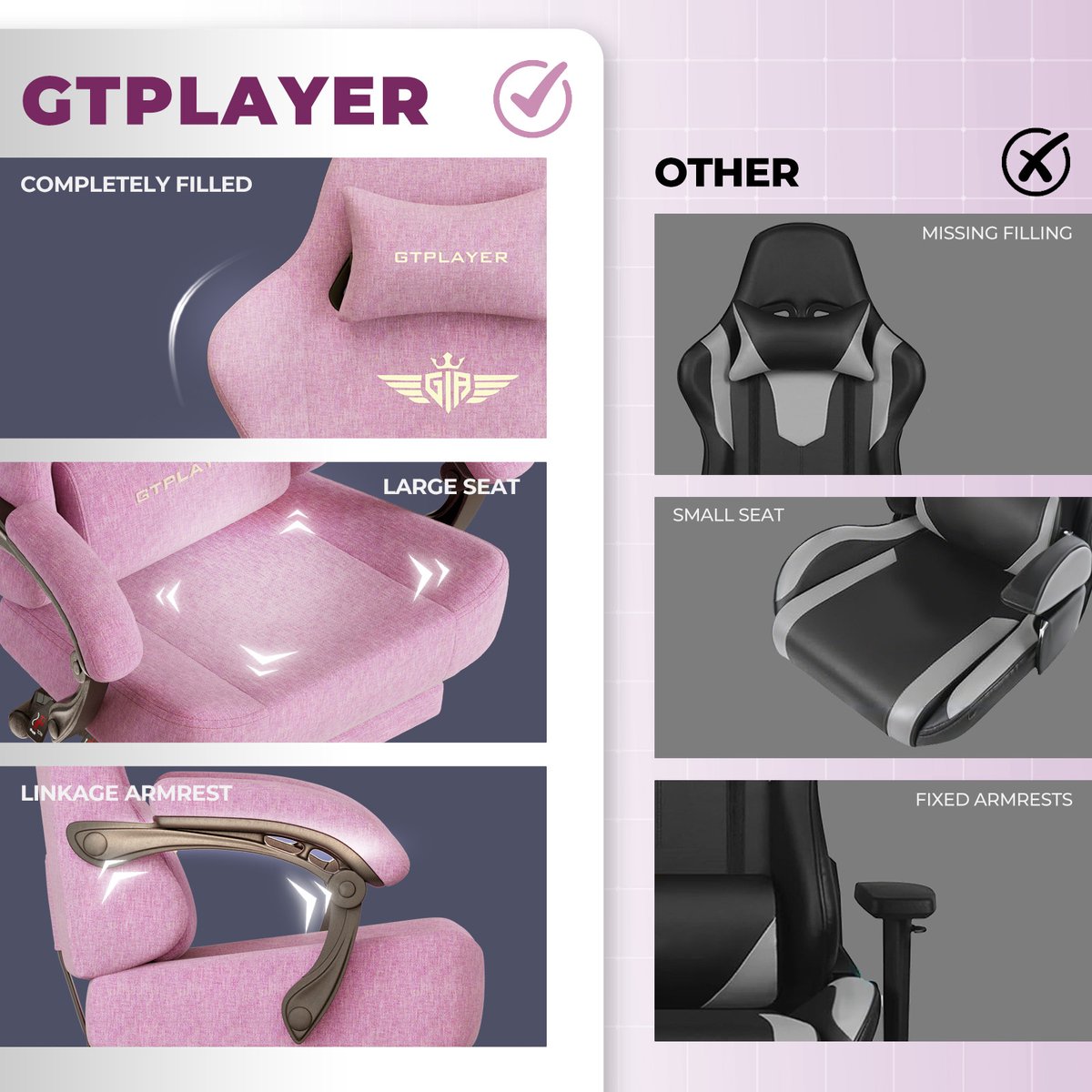 GTPLAYER Gamingstoel Roze met 160° Verstelbare Rug - afbeelding 2