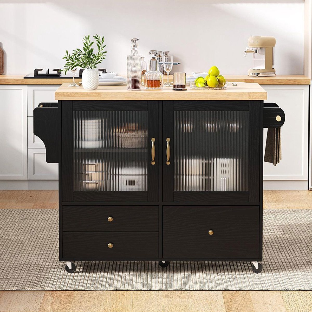 BLACKCOLORS Verplaatsbaar keukeneiland op wieltjes en uitschuifbare tafel, keukentrolley met wijnrek en opbergruimte, ideaal voor de keuken en eetkamer (zwart)