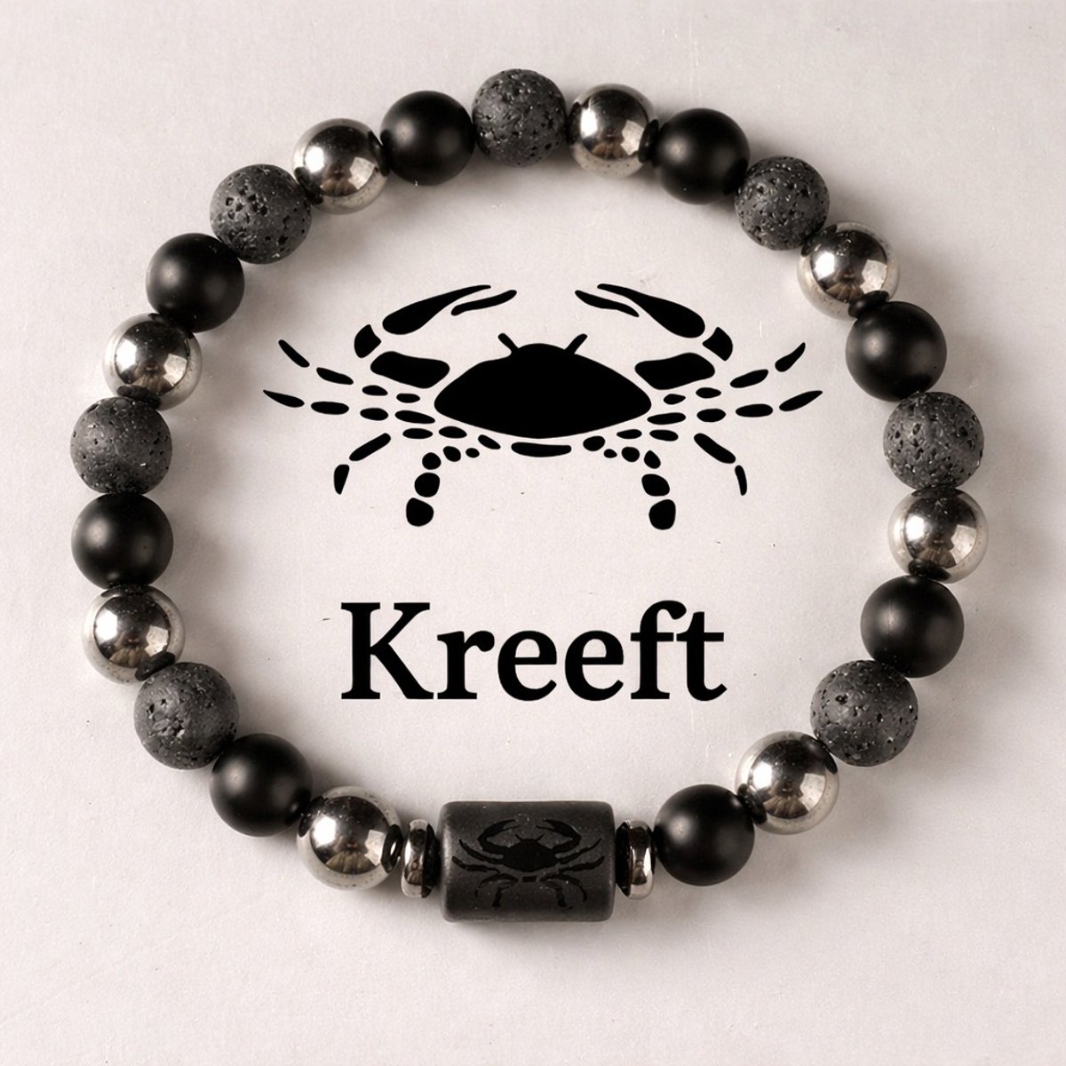 S4H Sterrenbeeld Armband Kreeft – Lavasteen & Mat Zwarte Kralen – Elastisch – Unisex