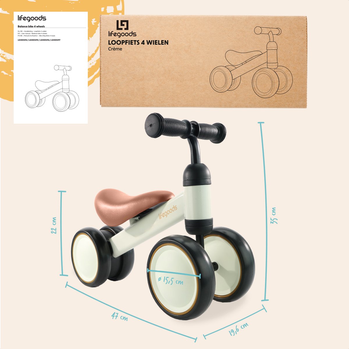 LifeGoods Loopfiets - Speelgoed Vanaf 1 jaar - Jongens en Meisjes - Kinderstep - Loopfietsje - Crème — afbeelding 8