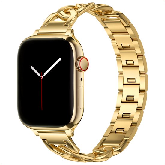 Gouden horlogeband met schakels voor Apple Watch met zwart scherm.
