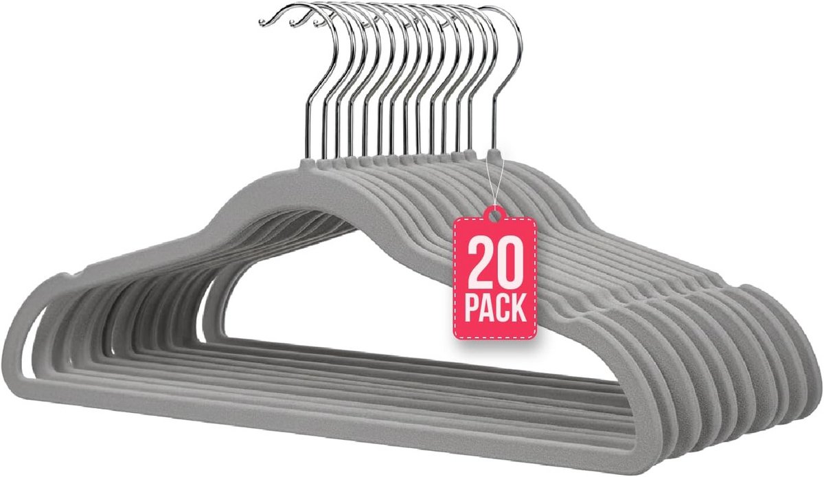 Set van 20 Fluwelen Kleerhangers Grijs Antislip Robuust voor Jassen en Blouses