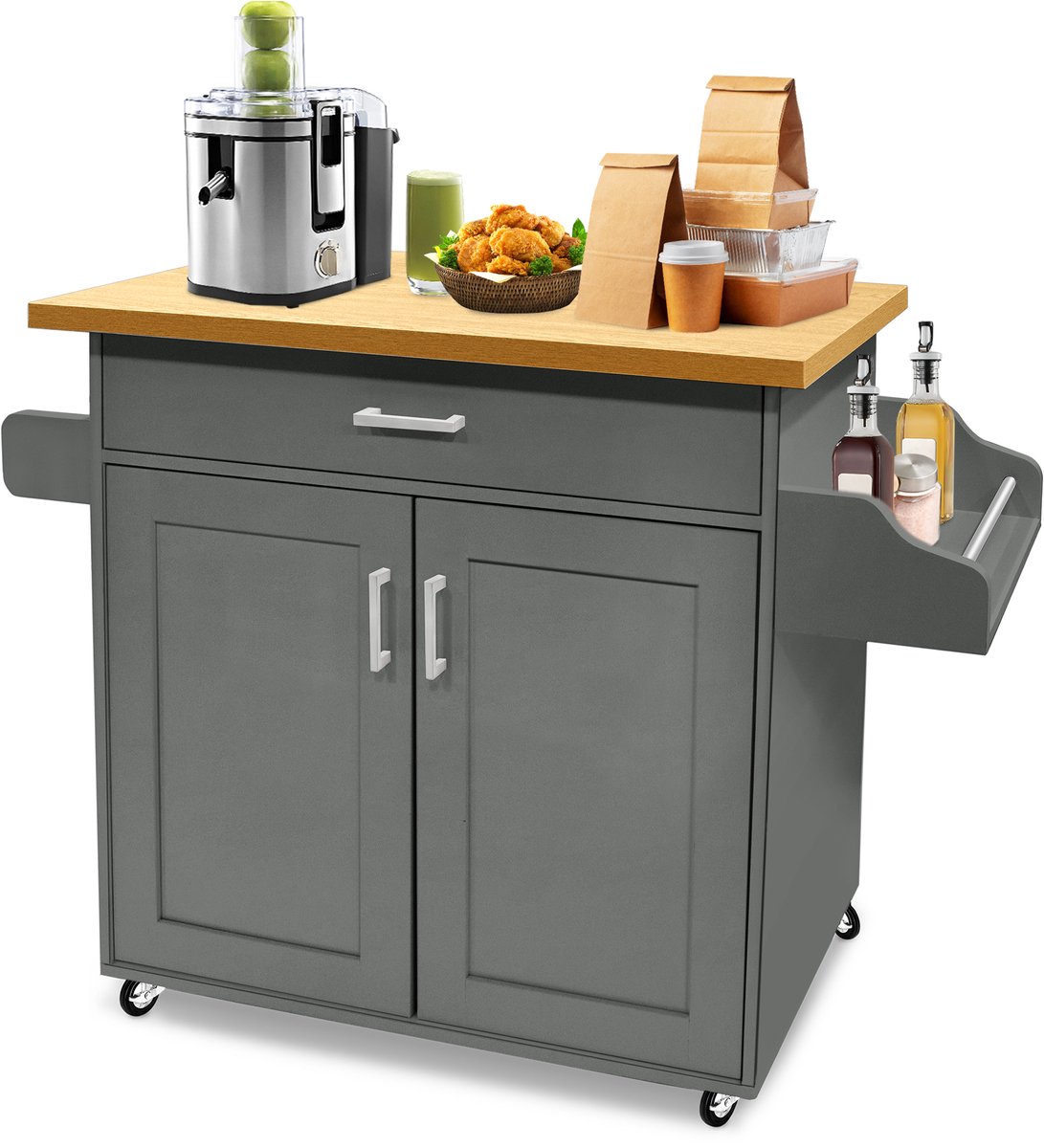 Aufun keukenkast met werkblad – lade en kast – rolbaar – houten keukenwagen – keukeneiland in landelijke stijl – voor keuken en restaurant – grijs – 115 x 36 x 90 cm