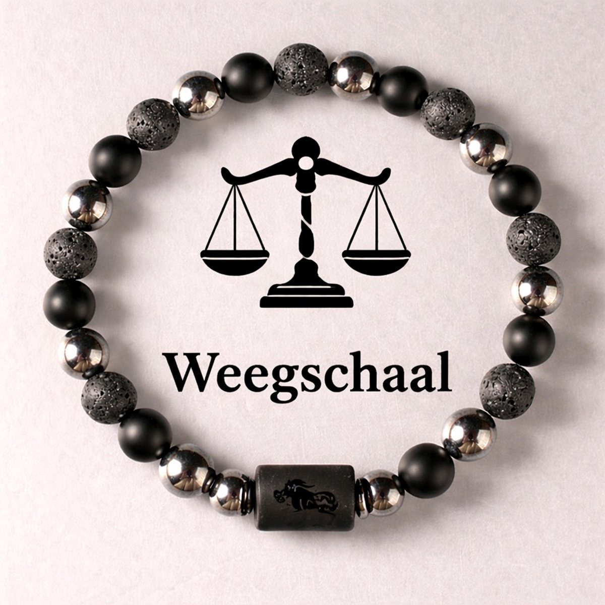 S4H Sterrenbeeld Armband Weegschaal 18 cm – 8mm Kralen – Lavasteen, Mat Zwarte Agaat & Hematiet – Unisex
