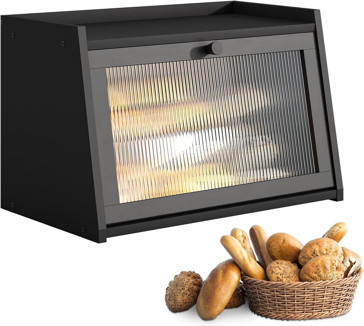 Extra Grote Broodtrommel met Venster - Bamboe Houten Broodkist voor Keuken Aanrecht