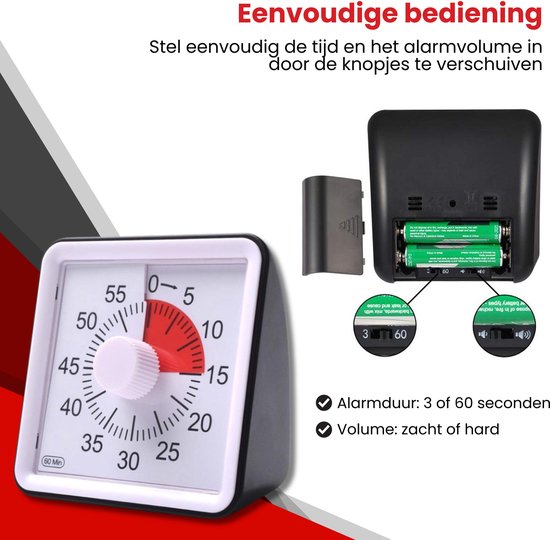 FLOKOO Hoogwaardige Leerklok voor Kinderen - Timer Kind Zwart - Vergaderklok - Aftelklok -  Leerklokken - Kookwekker Analoog - Leer Klok kijken - Time - Educatieve Klok - Huiswerk Hulp - Educatief Speelgoed - Thuisonderwijs