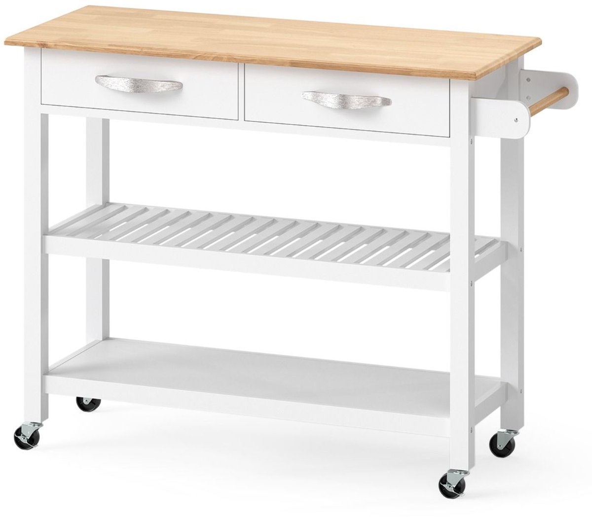 Keukeneiland - Verplaatsbaar - Keukenkast - Dressoir - Organizer - Kasten - Houten Werkblad - Lade - Wit