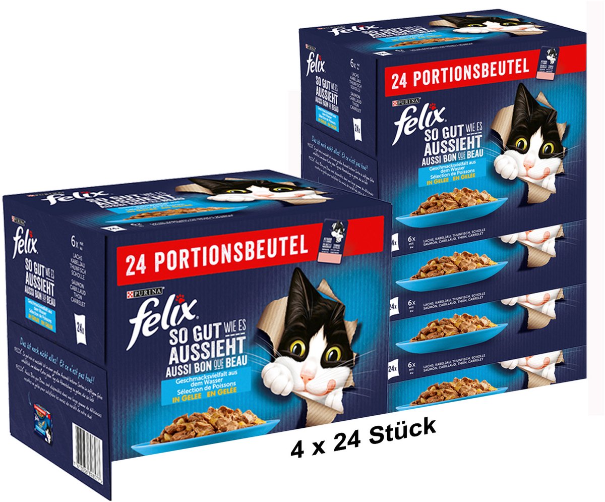 Felix Felix Katten natvoer, verschillende smaken van het water in gelei, Adult, Multipack (4 x 24 x 85g)