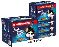 Felix Katten natvoer, verschillende smaken van het water in gelei, Adult, Multipack (4 x 24 x 85g)