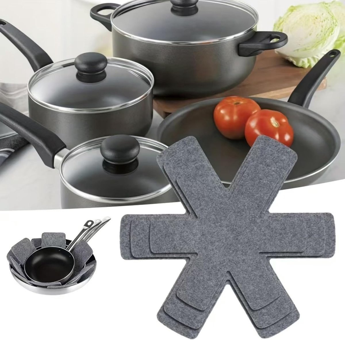 3 stuks Vilt pannenlap - hittebestendige mat voor bestek - Pannenlappen - onderzetters - beschermmat - pannenverdeler - 38/35/36 cm - non-woven stof - grijs