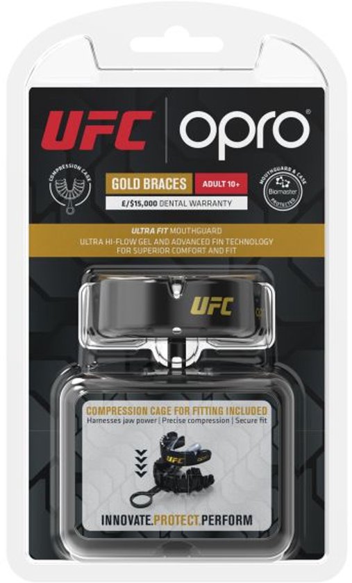 UFC Opro Gold Braces Adult 10+ mondbeschermer met compressiekooi voor montage.