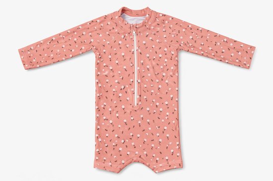 Roze zwempakje voor baby's met lange mouwen, een ritssluiting aan de voorkant en een all-over print van kleine witte bloemen.