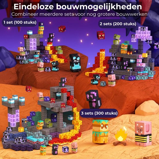 Collectie van 1, 2 en 3 sets magnetische bouwstenen, met Minecraft-achtige figuren en structuren.