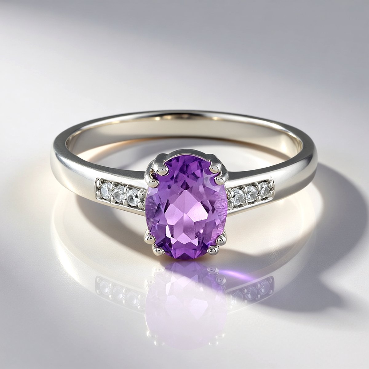 Cavill - Zilveren ring - 925 Sterling Zilver Platina - 0,97 ct Ovale Uruguay Amethist - 6 Cambodjaanse Zirkonen 1,05 ct - Elegant Paars