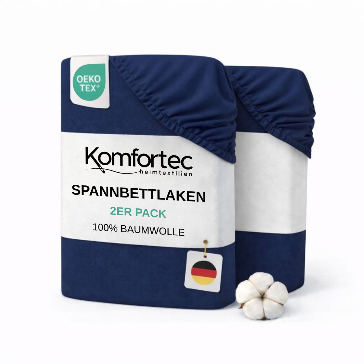 Komfortec Jersey Stretch 2-delige Hoeslaken Set 160x200 cm, Dubbelpak, 23 cm Matrasdikte, Rondom Elastiek, 100% Katoen, Blauw