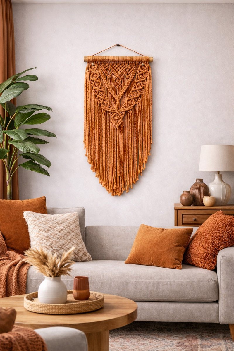 Macramé Wanddecoratie Bruin met Houten Stok, Handgemaakte Boho Wandhanger voor Woonkamer, Slaapkamer en Hal, Decoratieve Muurhanger van Katoen in Aardetinten, Interieur Decoratie voor Modern en Landelijk Interieur -095-bruin