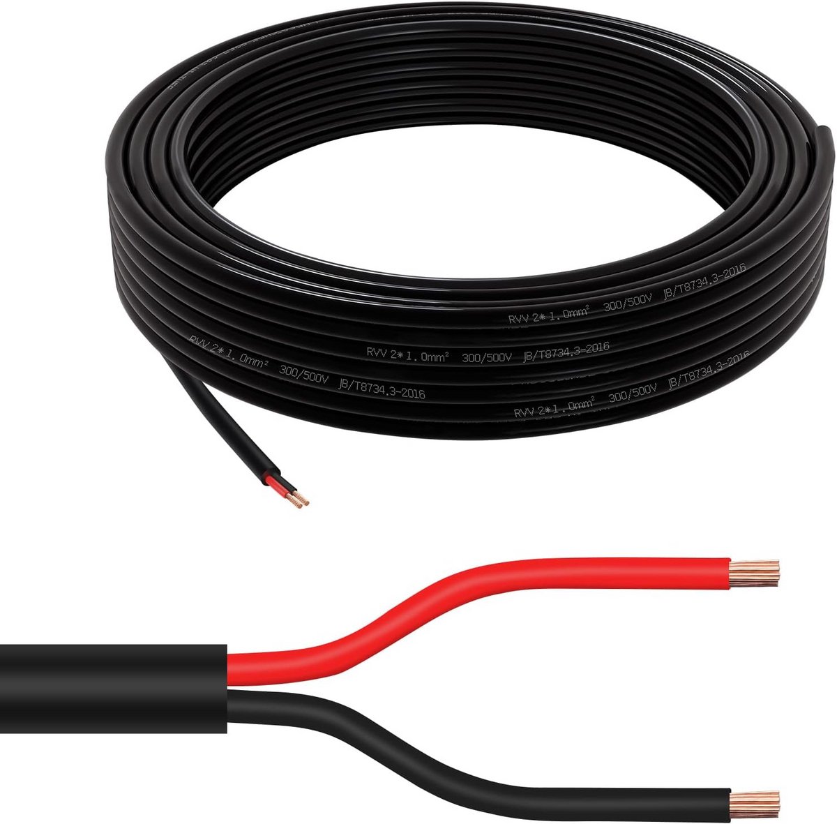 Set van 2 Ronde Tweeledige Elektrische Kabel Koper 1,0 mm 2 Aderig Rood/Zwart voor Auto en Boot