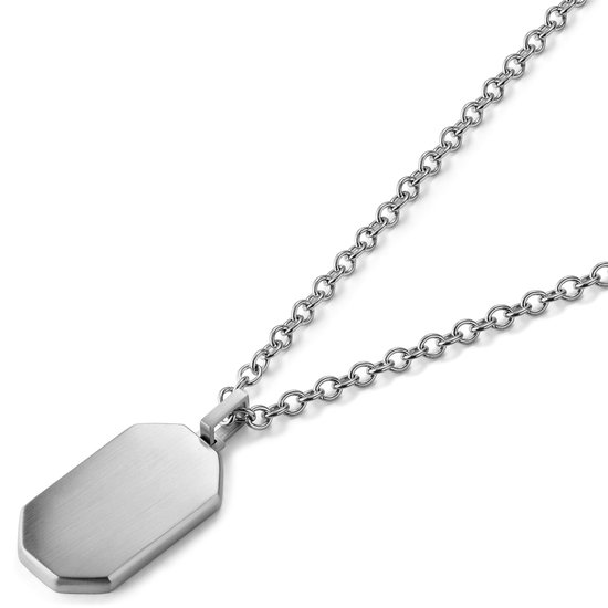 Zilverkleurige ketting met een facet geslepen ID-hanger, gemaakt van metaal.