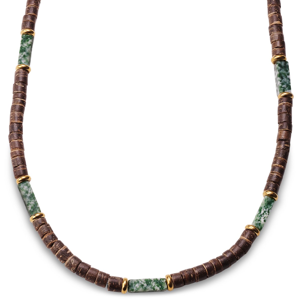 Surfer ketting van kokosnoot en groene jaspis