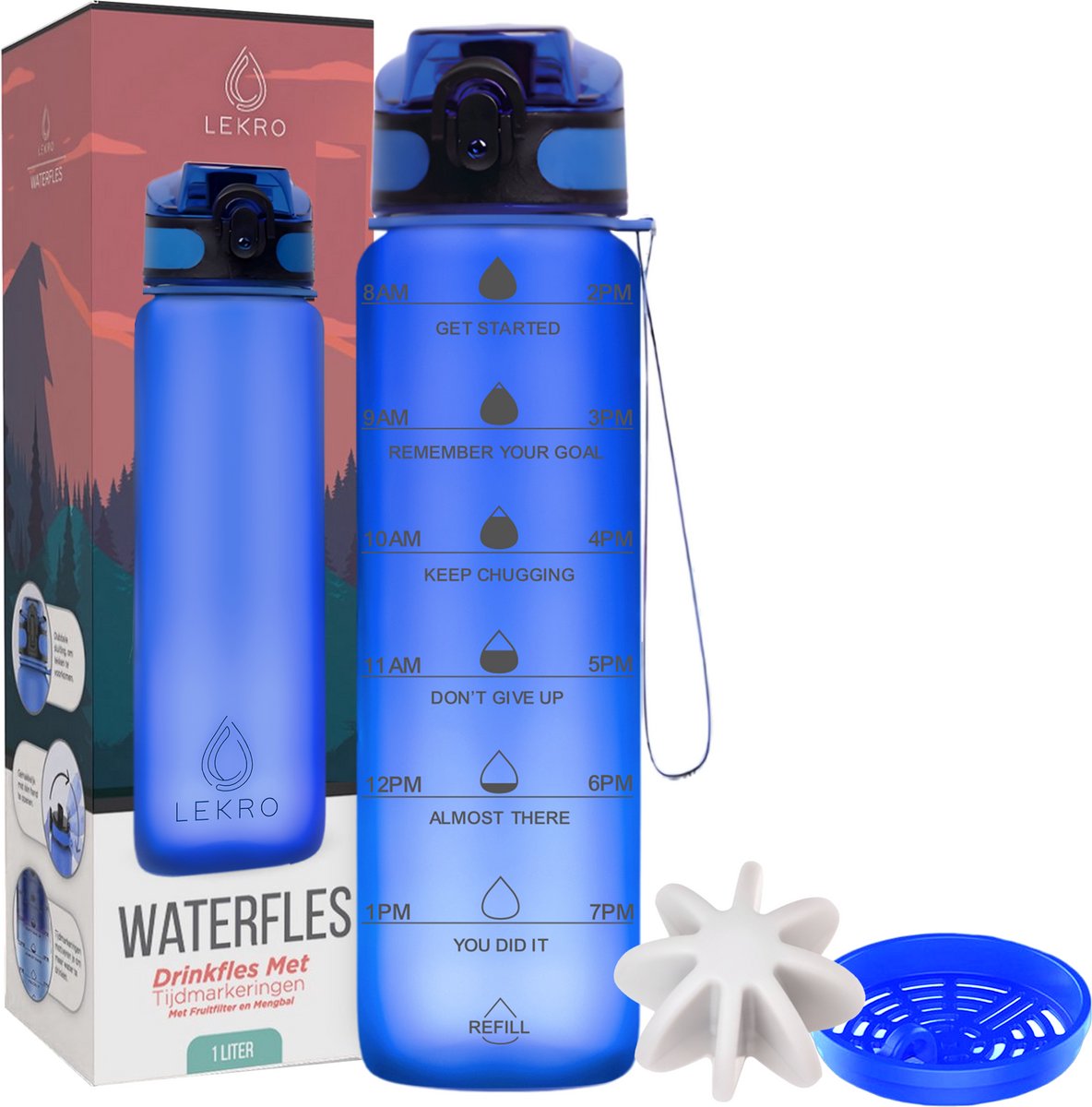 Bol.com Lekro Motivatie Waterfles 1 Liter - Motiverende Drinkfles met Tijdmarkeringen - 100% Lekvrij - Waterfles met Fruit Filte... aanbieding