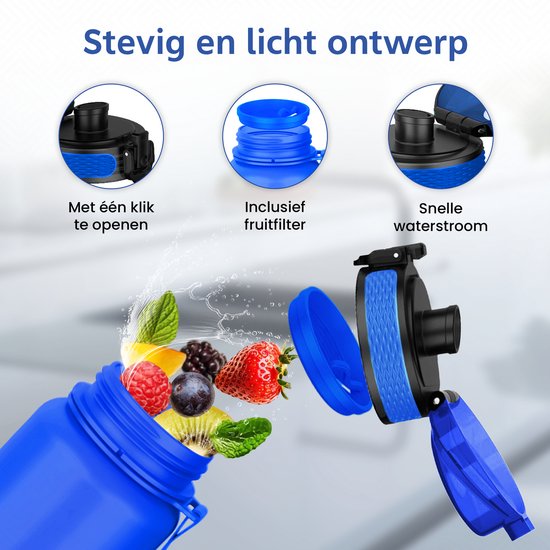 Blauwe fles met fruitfilter en een snelle waterstroom. Makkelijk te openen met één klik.