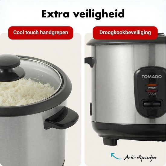 Tomado TRC1001S - Rijstkoker - Inhoud 1 liter - Warmhoudfunctie - 5 porties - Anti aanbaklaag - Rice cooker - Rvs