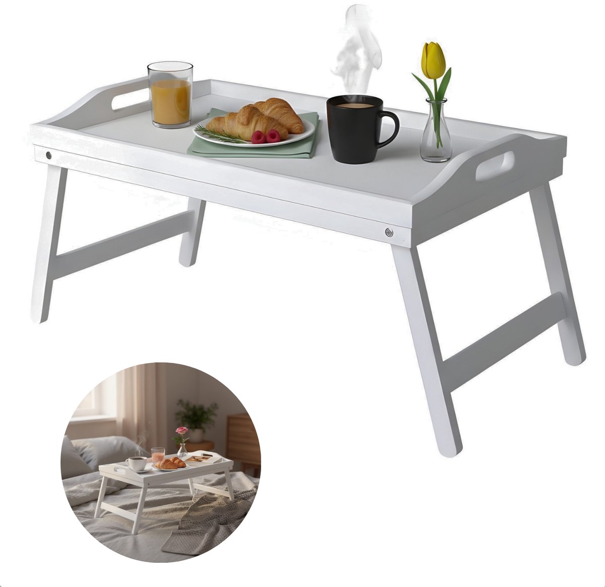 Cheqo® Ontbijt op Bed Dienblad - Ontbijt op Bed Tafeltje - Bedtafel - Bedtafeltje - Beddienblad - Schoottafeltje - Schoottafel - Laptoptafel Bed - Laptoptafeltje Bed - Dienblad met Poten - Inklapbaar Dienblad