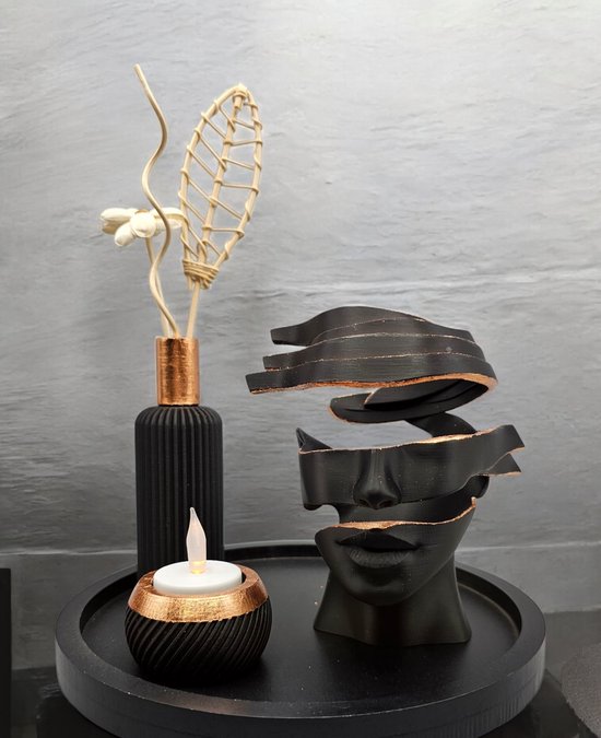 Luxury Layerzz Unpeeled - 3D geprint kunstbeeld - abstract - uniek - woondecoratie - 20cm - zwart met rose gouden afwerking - handgemaakt