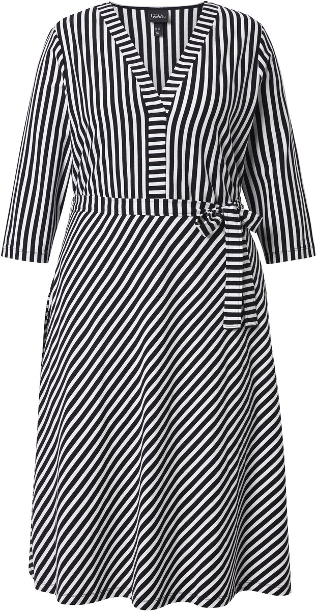 Ulla Popken Dames - Midi-jurk strepen A-lijn V-hals 3/4-mouwen - Zwart - Maat 46+