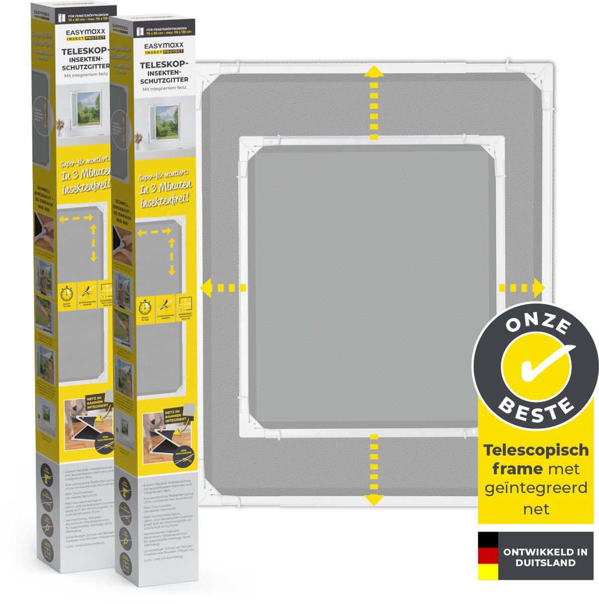 EASYmaxx Insect Protect Telescopische insectenhor, met voorgemonteerd frame, uittrekbare insectenbescherming, geïntegreerd net, min. 73 x 83 cm tot max. 120 x 140 cm- wit, 2 stuks
