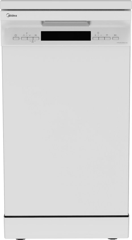 Gesloten witte Midea vaatwasser met bedieningspaneel en digitaal display.