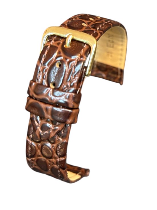 bracelet de montre-18mm-cuir véritable-croco-marron-souple-plat-boucle dorée-18 mm