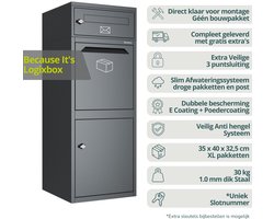 Logixbox Complete Set - Pakketbrievenbus - Pakketbox Frontbox DeLuxe - apart Postvak - 1.0 dik staal -- grijs - GRATIS ACCESSOIRES twv 33,50: STICKERSET + MAT + EXTRA BEVEILIGING - Wandmontage of vrijstaand - Hoge kwaliteit