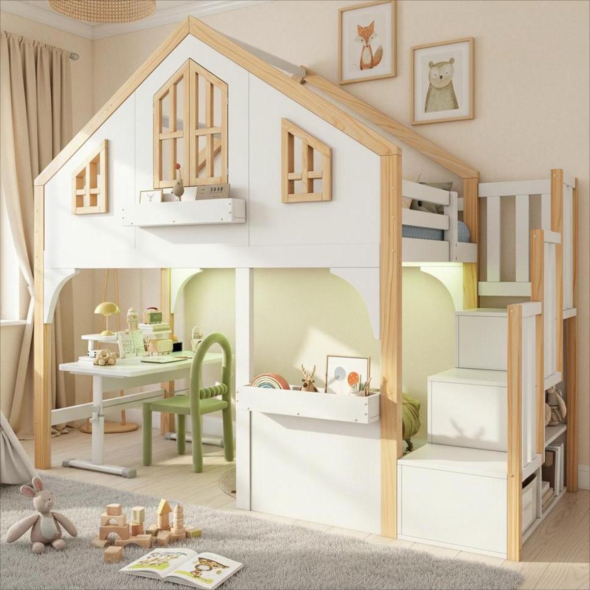 OKWISH Halfhoogslaper 90x200cm - Kinderbed Met Led Verlichting - Met Opbergtrap - Voor Slaap En Spel - Grenen En MDF - Wit | Zonder matras