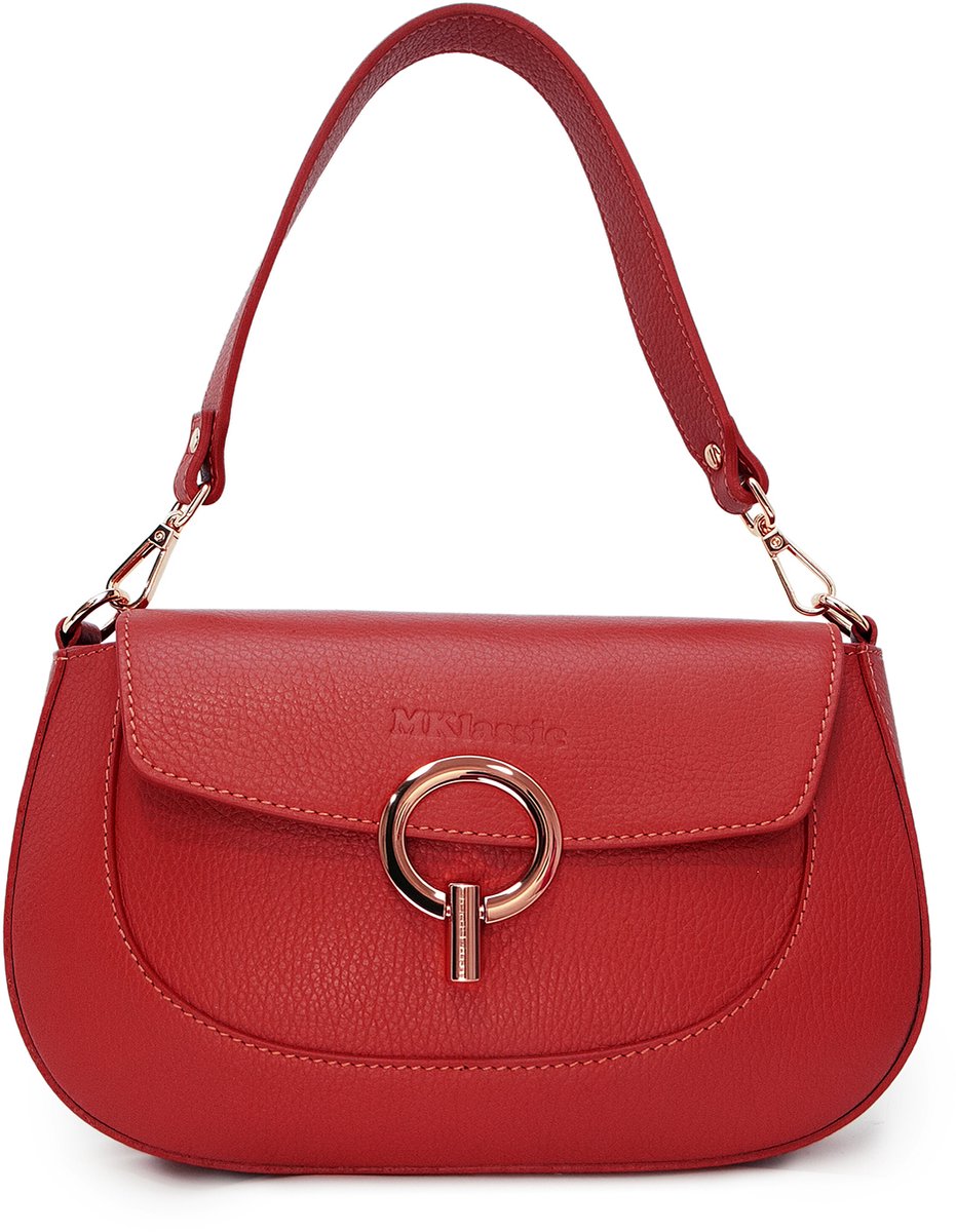 MKlassic Italiaanse damesleren handtas Rood – Elegante handtas met gouden accenten – Hoogwaardige schoudertas van echt rundleer voor dagelijks gebruik en zakelijk gebruik - Made in Italy - MK04-290-71