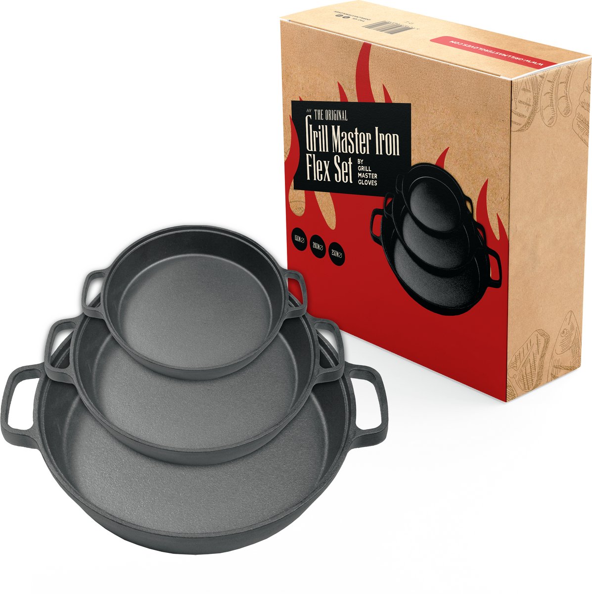 Grill Master Iron Grip Set van 3 - Gietijzeren Pan - Gietijzeren Pannenset - Voor BBQ - Met Zij-Oren - 15/20/25cm