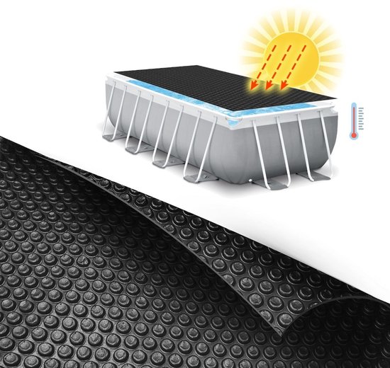 Blauw rechthoekig zwembad met een zwart solarzeil, met zon die warmte uitstraalt en een thermometer.