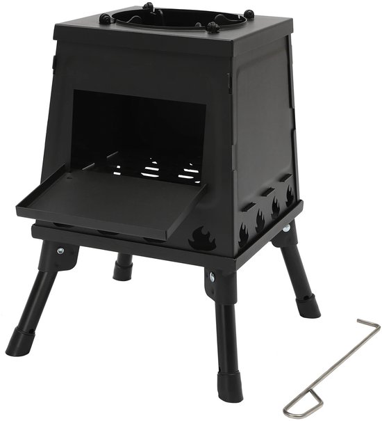 De Warenloods - Draagbare houtkachel - Terrashaard - Tent Kachel - Camping Kooktoestel - Camping Keuken - Opvouwbaar - In hoogte verstelbaar - Met handschoenen - Zwart Staal - 22x36x20cm van Merkloos — afbeelding 2