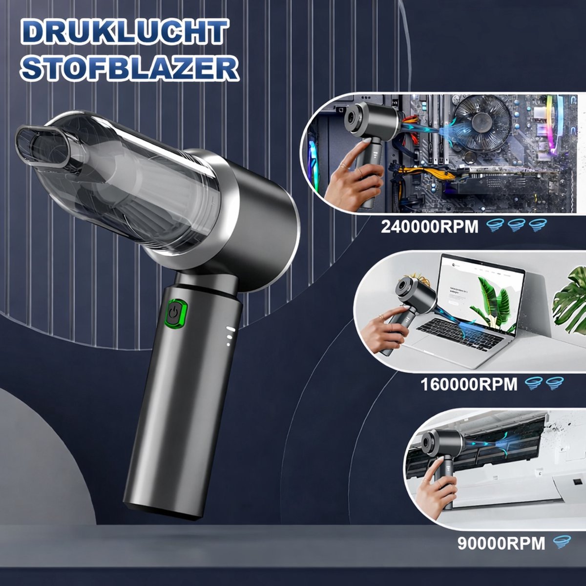 Thuys - Draadloze 2-in-1 Handstofzuiger & Stofblazer – 28.000 Pa – Accu – 3 Standen – Persluchtfunctie voor Auto, PC & Huis