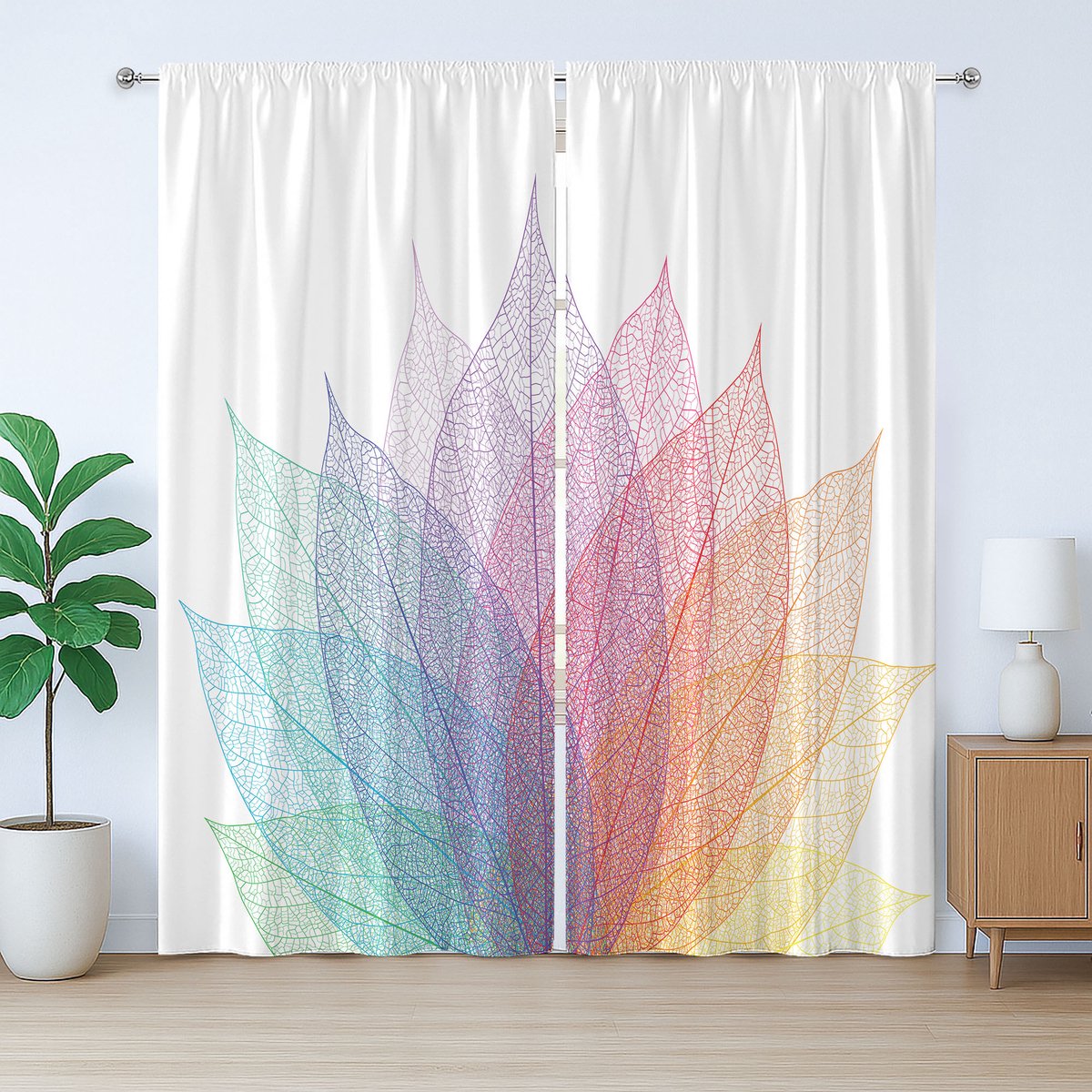 ABAKUHAUS Abstracte rustieke gordijnen, delicate bladmotieven, met lussen en haken voor de woonkamer, 280 x 245 cm, geel, rood, groen