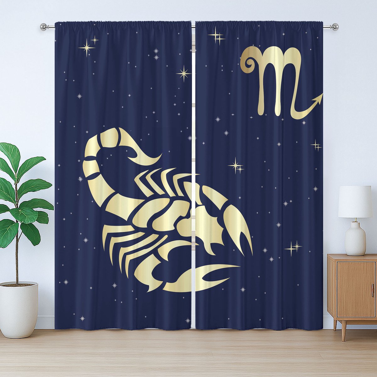 ABAKUHAUS Sterrenbeeld Schorpioen Rustiek Gordijn, Nachthemel Sterren, Gordijn met Plisséband, Lussen en Haken, 280 x 245 cm, Indigo en Lichtgeel