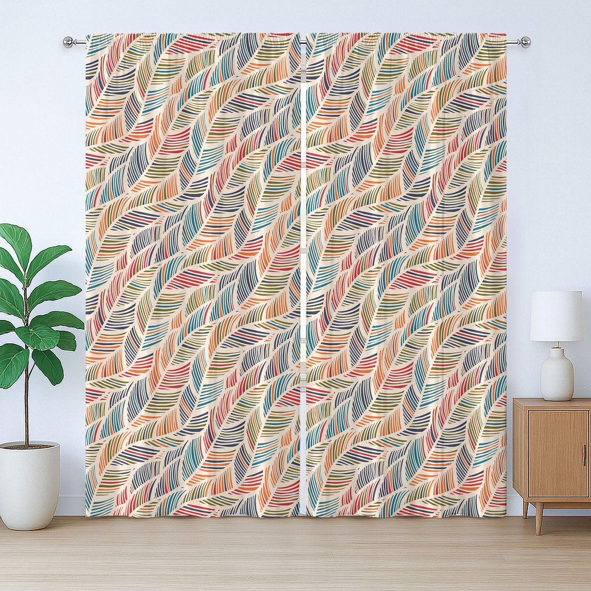 ABAKUHAUS Boho Rustiek Gordijn, Abstracte Veergolf, met Bandjes voor de Woonkamer met Lussen en Haken, 280 x 225 cm, Eierschaal Oranje Meerkleurig