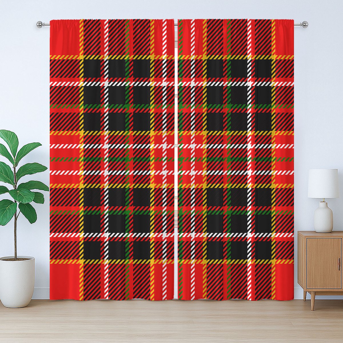 ABAKUHAUS Rustiek geruit gordijn, tartanstijl, met lussen en haken voor de woonkamer, 280 x 225 cm, rood meerkleurig