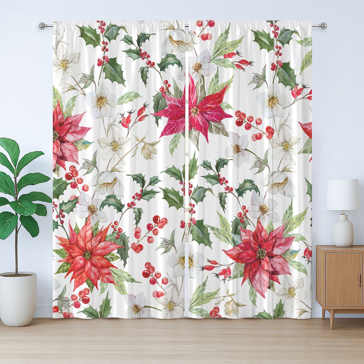 ABAKUHAUS Rustiek bloemengordijn, kerstbloemknoppen, slaapkamergordijn met lussen en haken, 280 x 175 cm, groen wit roze