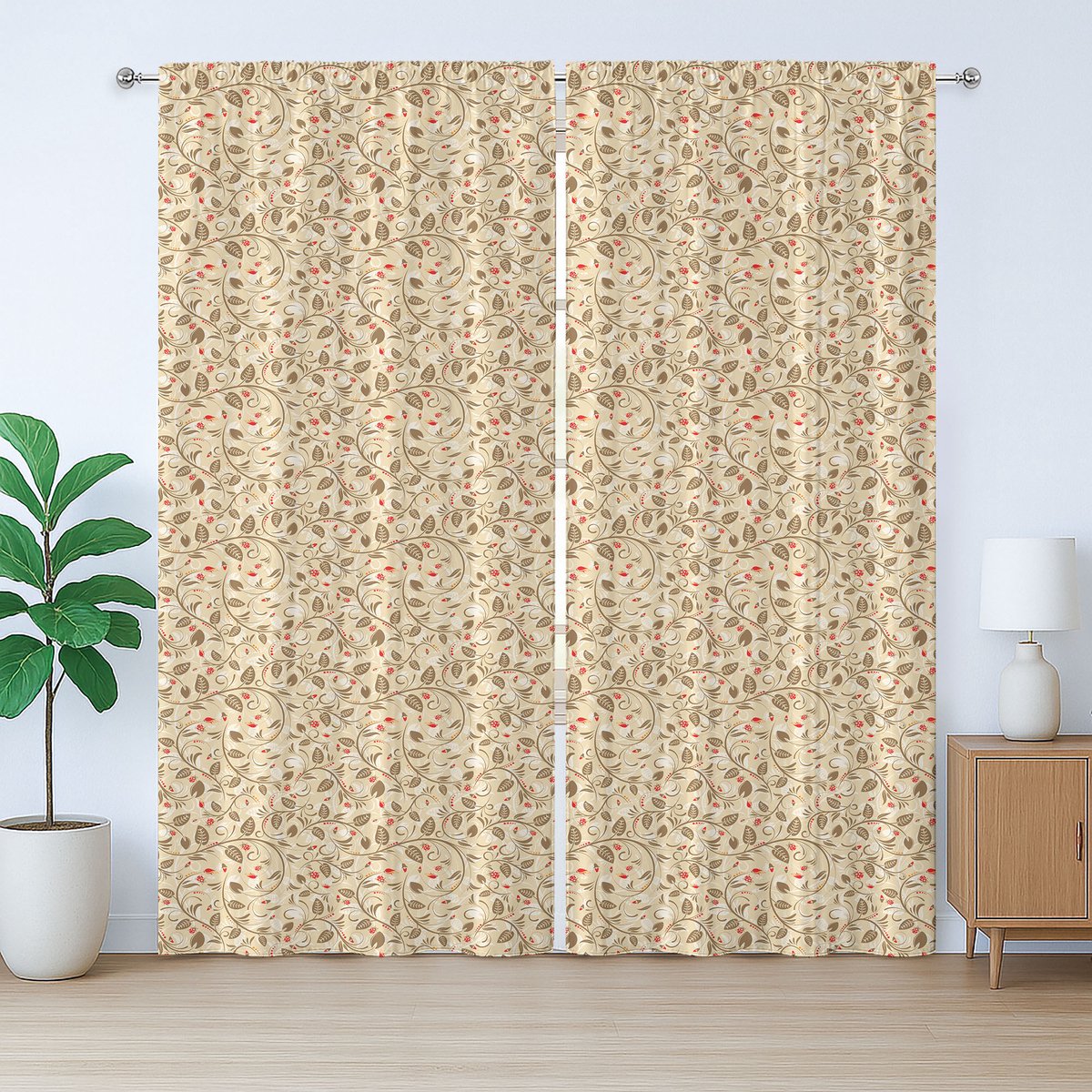 ABAKUHAUS Rustiek bloemengordijn, abstract, delicaat, transparant, met lussen en haken, 280 x 245 cm, beige, karamel, vermiljoen