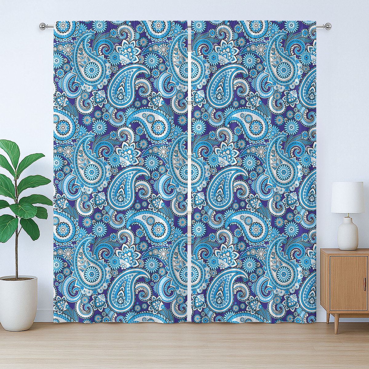 ABAKUHAUS Paisley rustiek gordijn, bloemen en bladeren, slaapkamergordijn met plooien en haken, 280 x 225 cm, blauw
