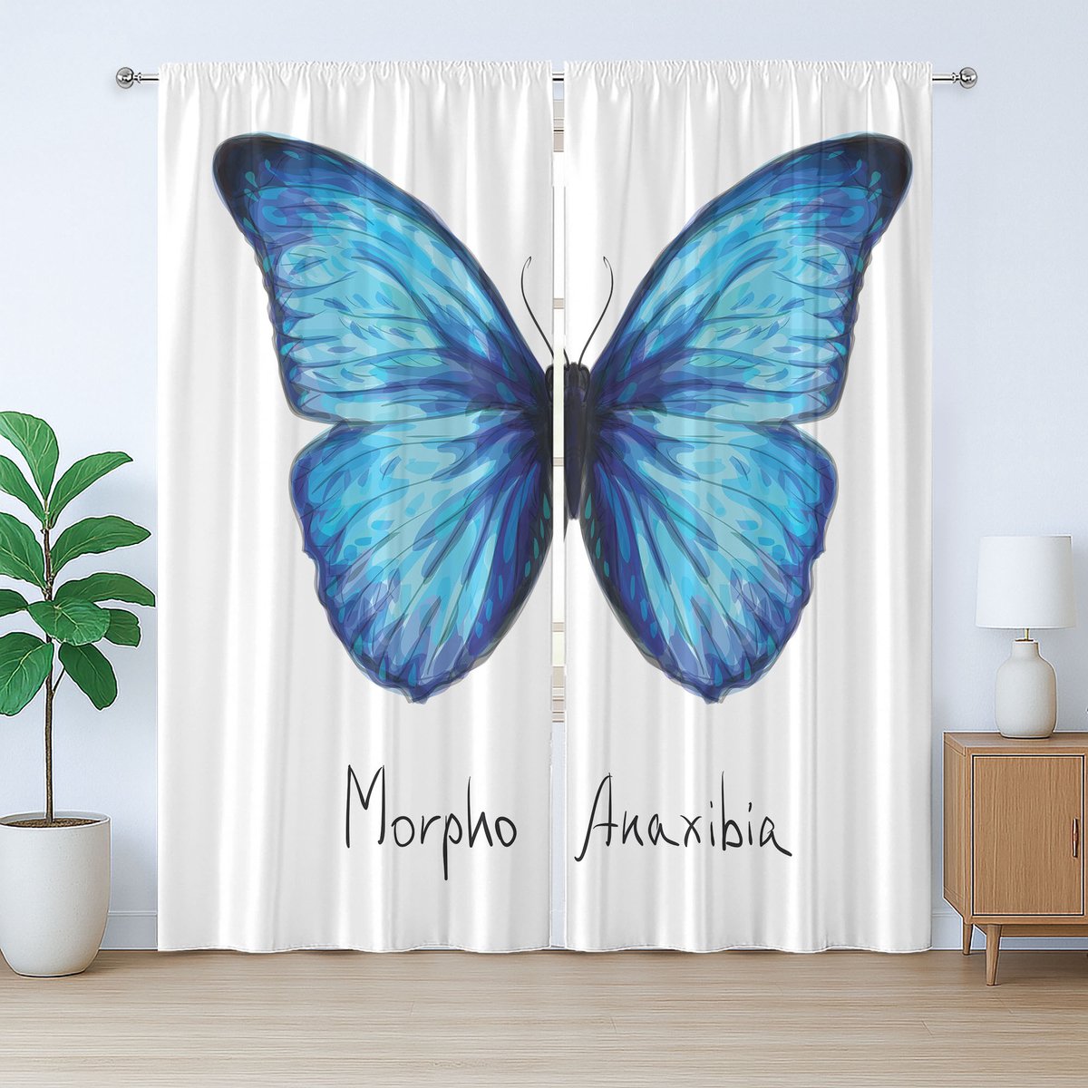 ABAKUHAUS Rustiek gordijn met vlinderdesign, geplooid gordijn met lussen en haken voor de slaapkamer, 280 x 175 cm, lichtblauw indigo